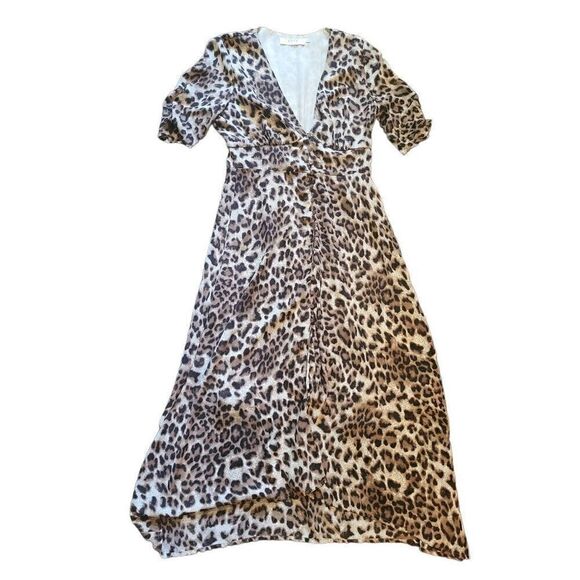 ASTR Dress Women's Medium Tan Midi Deep V Neck Animal Print Short Sleeve - Picture 1 of 5